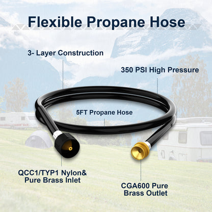 Hillhub 5 Feet Propane Gas Hose Adapter Connect 1lb to 20lb for Hillhub Portable Water Heaters, Converts 1lb Appliances to 5-40lb Tanks, Replacement for Qcc1/Type 1 Tank, Certified