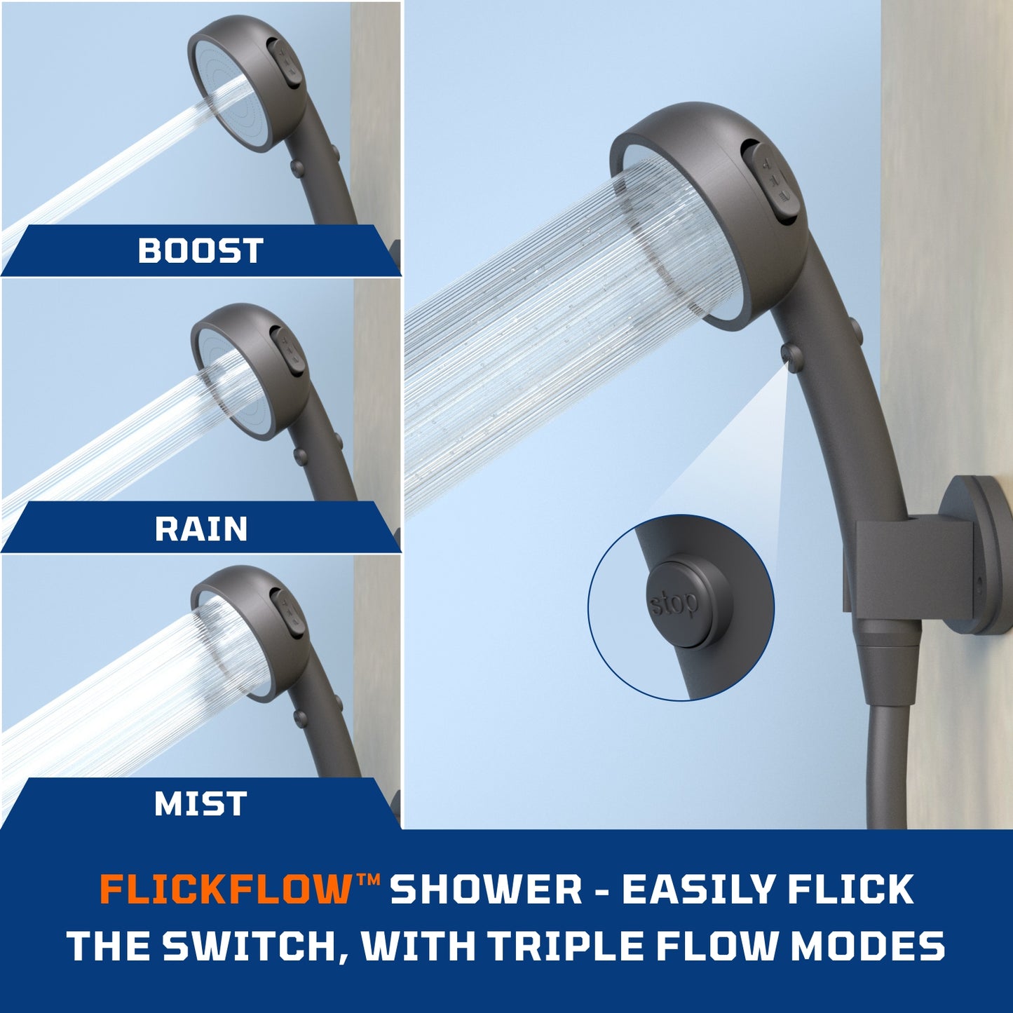 the propane shower water heater features a 3-mode adjustable and detachable Flickflow showerhead.