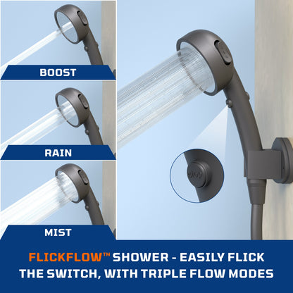 the propane shower water heater features a 3-mode adjustable and detachable Flickflow showerhead.